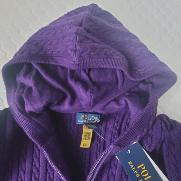 NWT Ralph Lauren Big Girls Cable Cotton Full Zip Hoodie Purple Size 12/14 Large - Picture 10 of 14